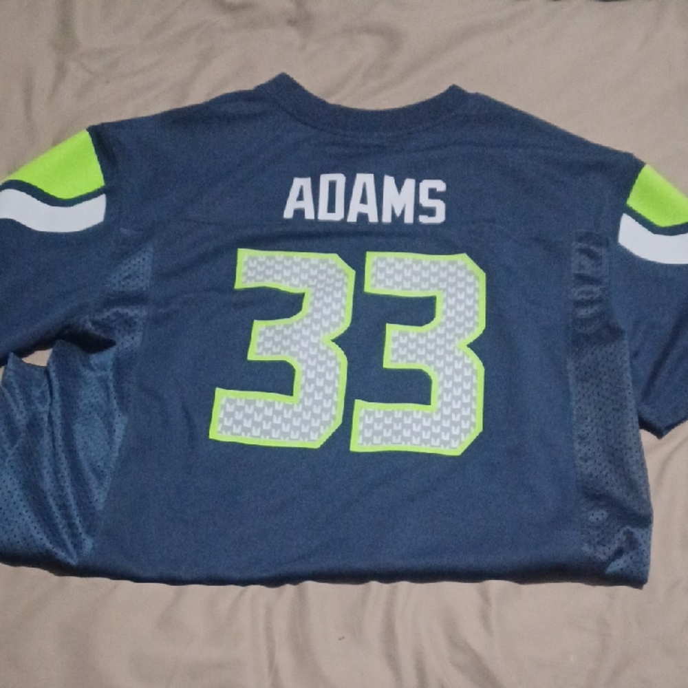 Kids Navy Blue Seattle Seahawks # 33 Adams Jersey, XL (Plus Bonus Tee)